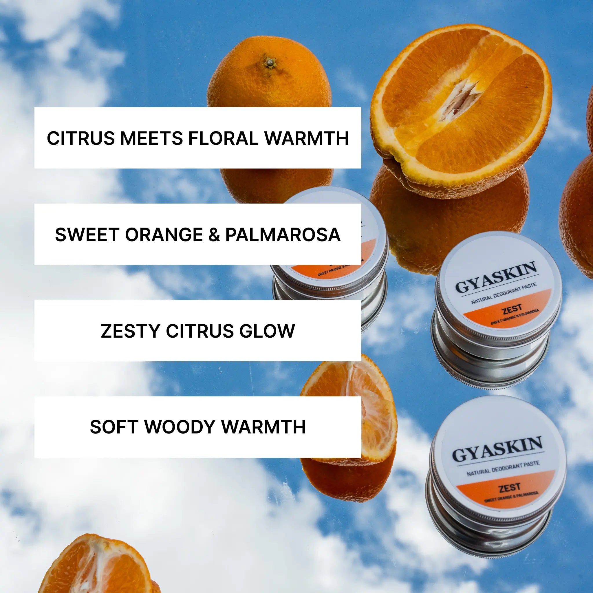 Gyaskin Zest aluminium-free natural deodorant paste with sweet orange palmarosa scent in reusable tin